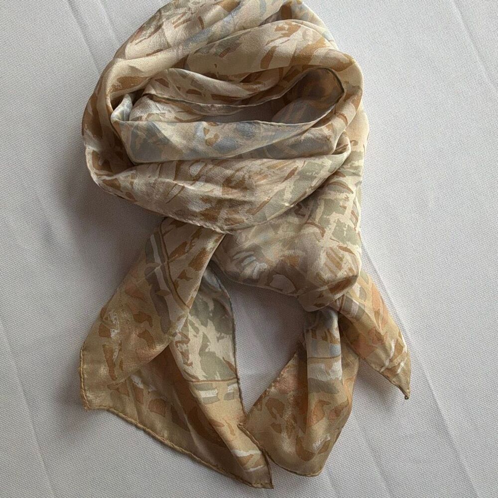 Vintage Liz Claiborne Silk Skinny Scarf Leaf Pattern Beach colors Hand rolled ed